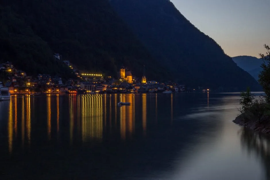 Evening lights Lake Como village reflection