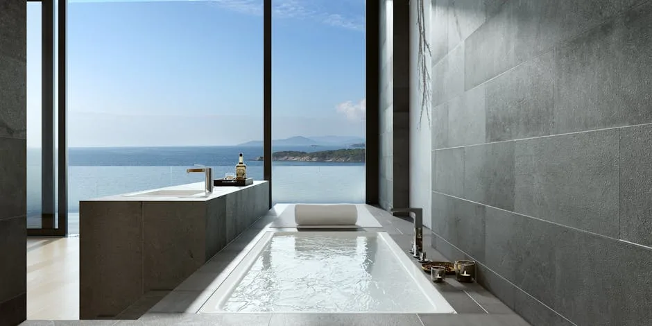 Moderner Spa-Badezimmer mit Wanne und Panoramablick auf den Comer See