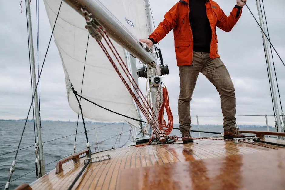 Person in orange Jacke auf Deck eines Segelboots auf dem Comer See.