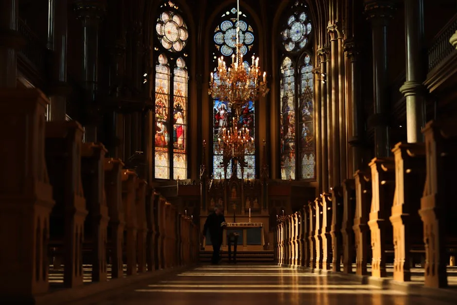 Innenraum einer Kirche in Como mit bunten Glasfenstern und Kronleuchtern
