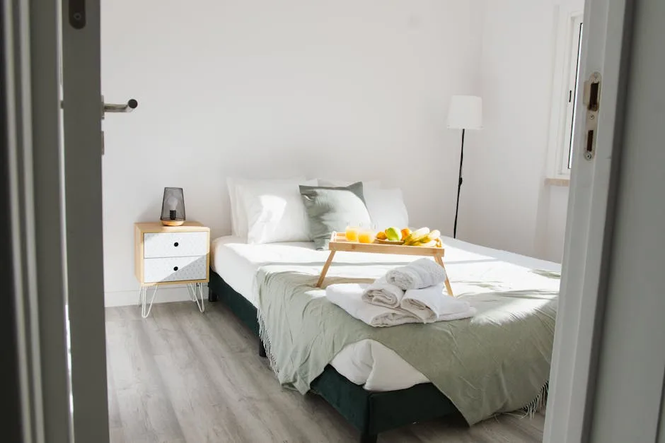 Helles Schlafzimmer mit Frühstückstablett auf dem Bett in Unterkunft am Comer See
