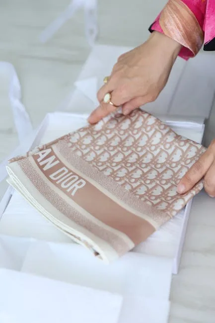 Mains déballant un foulard Christian Dior beige dans une boutique