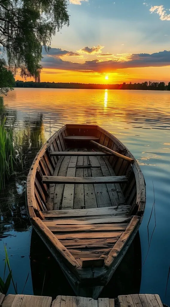 Altes Holzboot am Ufer des Comer Sees bei Sonnenaufgang