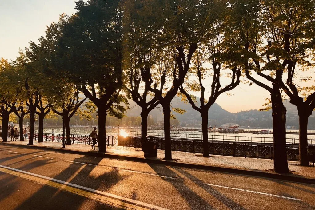 Baumgesäumter Spazierweg bei Sonnenuntergang am Comer See